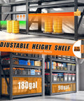 Heavy Duty Garage Shelving Units With 3044 Pound Capacity shown with adjustable height, storing 180gal and 90gal containers.