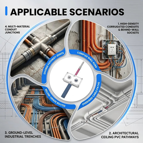 Image showing various applicable scenarios for the Heavy Duty Drill Powered Wire Puller Attachment Automatic Electrician Fish Tape Tool.