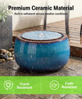 9 Inch Outdoor Ceramic Water Fountain With LED Light Round Bubbler Water Feature Eastern Style Waterfall Blue Garden Decor
