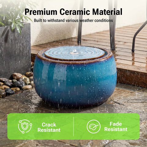 9 Inch Outdoor Ceramic Water Fountain With LED Light Round Bubbler Water Feature Eastern Style Waterfall Blue Garden Decor