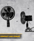 Oscillating Car Fan Built To Keep Your Ride Chill Fast With 12V Socket Power and a heavy duty clip, measuring 11 inches tall.