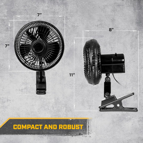 Oscillating Car Fan Built To Keep Your Ride Chill Fast With 12V Socket Power and a heavy duty clip, measuring 11 inches tall.