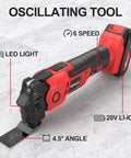 Red 20V cordless oscillating tool with LED, 6-speed display, 4.5° angle blade, and Li-Ion battery. Cordless Oscillating Tool Kit 20V With 27-Piece Accessories, Go-To For Tight Spaces, Variable Speed Up To 22000 OPM, 4.5 Degree Swing, Battery Powered Multi Tool For Cutting Wood Drywall Nails Scraping And Sanding