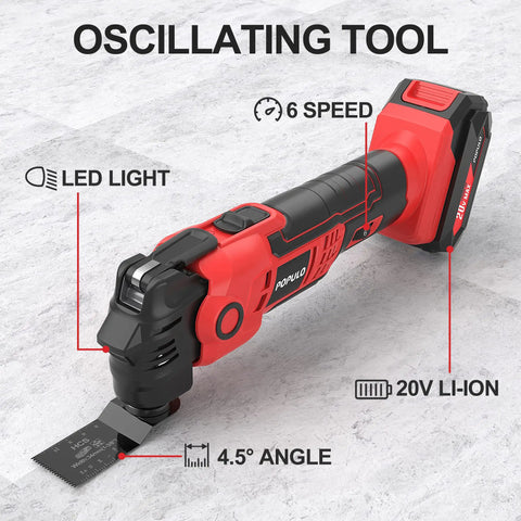 Red 20V cordless oscillating tool with LED, 6-speed display, 4.5° angle blade, and Li-Ion battery. Cordless Oscillating Tool Kit 20V With 27-Piece Accessories, Go-To For Tight Spaces, Variable Speed Up To 22000 OPM, 4.5 Degree Swing, Battery Powered Multi Tool For Cutting Wood Drywall Nails Scraping And Sanding
