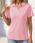 Light Pink Women Polo Shirt With Short Sleeve 3 Button Collared Golf Style Cotton Blend Lightweight Breathable All Day Comfort Work Top For Summer Casual Business Casual Tee Size M
