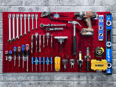 LockHook Steel Pegboard Hook Kit 46 Piece Set with tools mounted on red pegboard in workshop storage setup