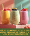 Jumbo Agave Straws Bulk Pack 1500 Count For Smoothies, Eco Friendly Compostable Drinking Straws Made From Upcycled Agave, Durable No Soggy Finish, Sustainable Everyday Use For Home And Parties, in three smoothie glasses