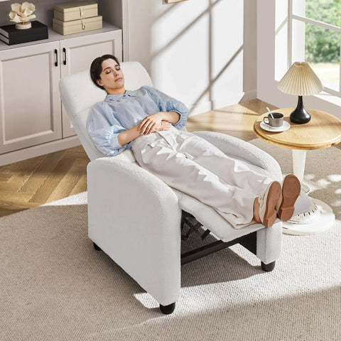 Person relaxing on Boucle Laidback Cozy Recliner Sofa With Push Back Design Adjustable Modern Single Recliner Chair Upholstered Pocket