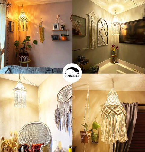 Boho Plug In Pendant Light with macrame shade and hemp rope cord illuminating cozy bedroom and living room settings