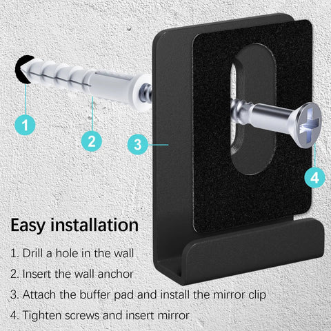 Installation steps for 6 Piece Heavy Duty Metal Mirror Clips Set For Wall Mounting Powder Coated Rust Resistant J Brackets.