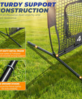 Close-up of sturdy metal frame and ground stakes securing a 6x6ft Football Throwing Net With Five Target Pockets For Quarterback Accuracy Training Portable Carry Bag Includes Ground Stakes And Durable Metal Supports For All Weather Practice Game Ready on grass.