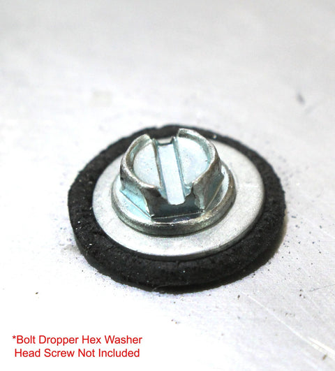Bolt Dropper hex washer head fastener with black rubber-backed washer, front view