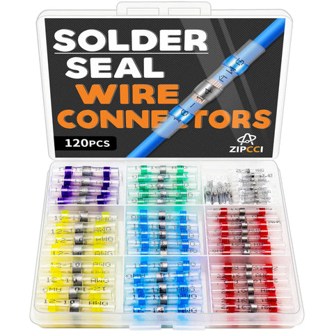 Solder Seal Wire Connectors Kit, 120-Piece Heat Shrink Butt Connectors for Electrical Wiring, case open with color-coded connectors