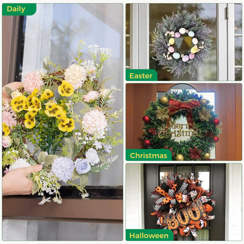 4 Pack Large Suction Cup Hooks For Doors And Windows No Tools No Fuss Wreath Hanger Upgraded 1.9 Inch Diameter Holds Up To 22 Lbs For Front Door Glass Shower Mirrors And Tile showcasing different holiday wreaths