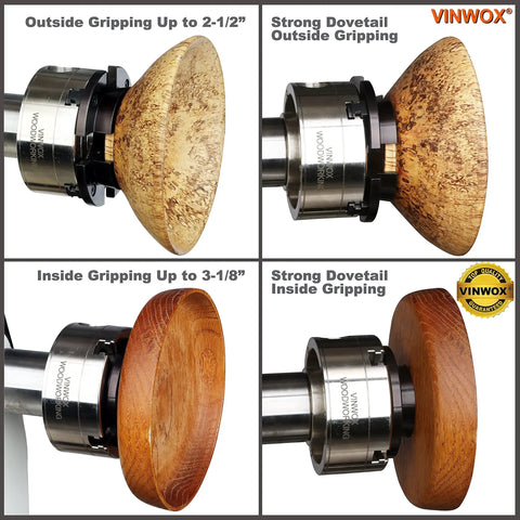 3-3/4 Inch 4-Jaw Self-Centering Wood Lathe Chuck With 2 Inch Round Jaw, 1x8TPI To 3/4x16TPI Adapter gripping wooden pieces