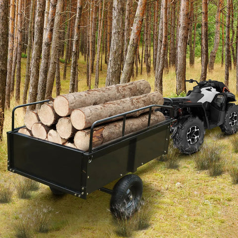 Dump Cart For Yard Work With 15 Cu Ft Steel Utility Trailer Removable Sides Foot Operated Dump And All Terrain Tires Tow Behind 1600 Lb Capacity For ATVs UTVs Lawn Mowers And Garden Projects Red loaded with logs in a forest