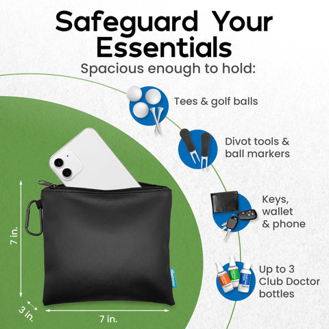 Golf Valuables Pouch With Zipper, Compact Durable Organizer For Tees Balls Divot Tools And Valuables, Premium Faux Leather Case With Metal Carabiner shown with various items