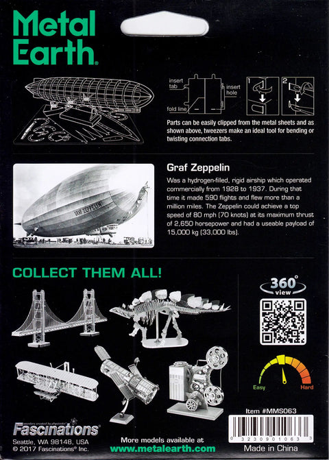 Back packaging of Graf Zeppelin 3D Metal Model Kit For Hobbyists And DIYers Unassembled Metal Craft Project With Easy Step By Step Instructions.