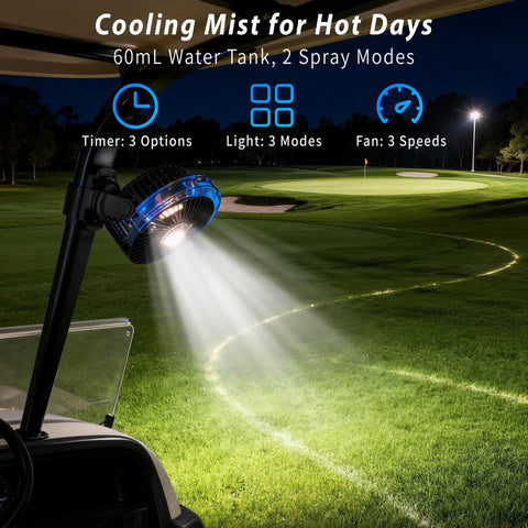 Magnetic Golf Cart Fan With Mist And Light 12000mAh Power Bank Rechargeable Portable Fan mounted on nighttime golf cart