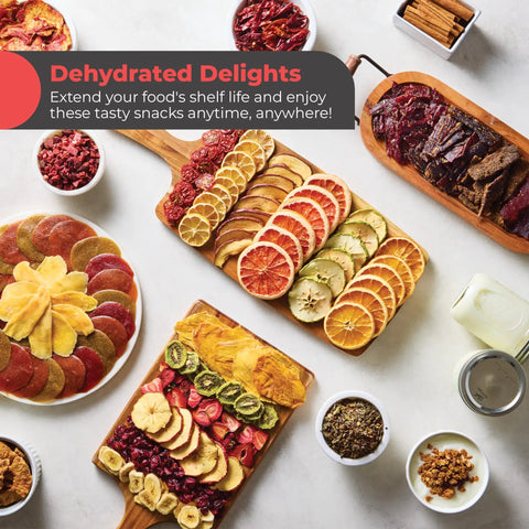 Pro Food Dehydrator With 600W Rear Fan For Even Drying 7 Stainless Steel Trays displaying assorted dehydrated fruits and herbs