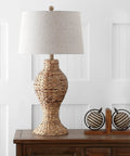 Natural Woven Water Hyacinth Table Lamp 31 Inch for Living Room Coastal Farmhouse Urn Base with Gray Linen Drum Shade LED Bulb Included Great for Bedroom Nightstand Vibe