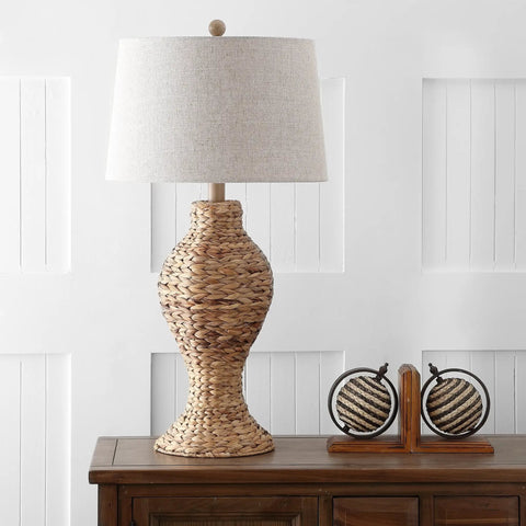 Natural Woven Water Hyacinth Table Lamp 31 Inch for Living Room Coastal Farmhouse Urn Base with Gray Linen Drum Shade LED Bulb Included Great for Bedroom Nightstand Vibe