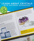 Open book showing crystal types with green crystal from Awesome Crystal Growing Kit For Kids With Light Up Display Stand Grow Three Vibrant Crystals In Blue Purple And Green STEM Science Toy For Ages 8 To 12 Includes Gems Cool Gift For Curious Girls And Boys