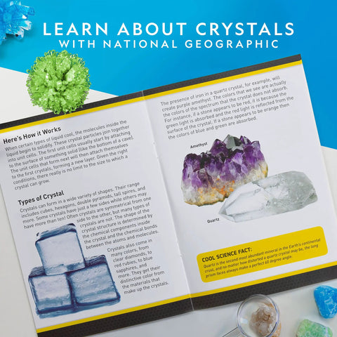 Open book showing crystal types with green crystal from Awesome Crystal Growing Kit For Kids With Light Up Display Stand Grow Three Vibrant Crystals In Blue Purple And Green STEM Science Toy For Ages 8 To 12 Includes Gems Cool Gift For Curious Girls And Boys