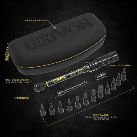 Bike Torque Wrench Set 1/4-Inch Drive, 15-Piece Kit with 72-Tooth Dual-Direction Click shown with storage case and bits