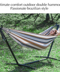 Outdoor Double Hammock For Patio And Garden in coffee color with woman relaxing in Brazilian style cotton blend, eco friendly.