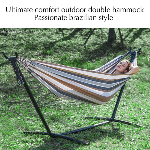 Outdoor Double Hammock For Patio And Garden in coffee color with woman relaxing in Brazilian style cotton blend, eco friendly.