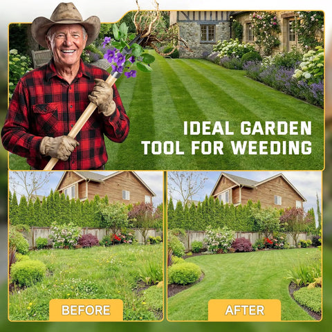 Stand Up Weed Puller Tool With Long Handle And 4 Claw Steel Head, gardener holding tool in garden, before and after lawn images.