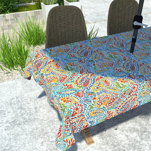 Outdoor Rectangle Tablecloth With Umbrella Hole And Zipper Water Repellent And Fade Resistant 60 By 84 Inch Paisley Multi Oblong Table Cover For All Weather Patio Dining set on outdoor table