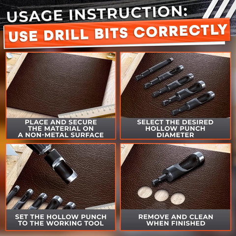 Usage instructions for Hole Punch Kit For Leather Belts And Crafts Six Sizes Carbon Steel Punches with diagram steps