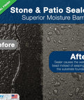 Before and after image demonstrating Top Shelf Natural Stone Sealer One Gallon Clear Finish Heavy Hitter Formula's moisture-blocking effect.