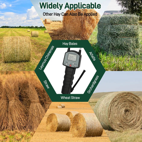 Portable Hay Moisture Meter With Backlit Display And Probe, Fast And Precise Readings From 0 To 80 Percent, About Half Percent Error, Handy On The Go For Bales And Forage Like Alfalfa And Orchard Grass, shown with hay bales