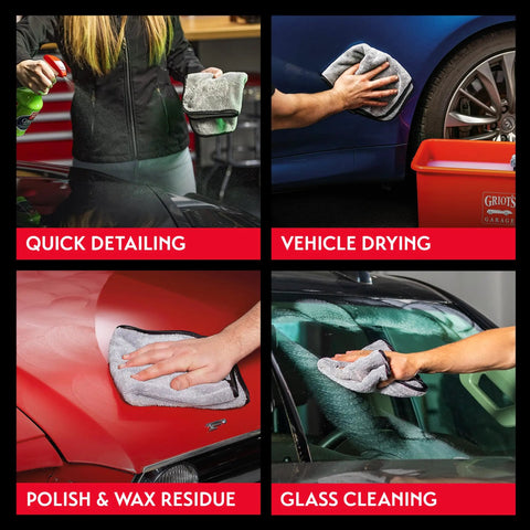 Terry Weave Microfiber Towel in use for quick detailing, drying, residue removal, and cleaning on car surfaces, 16 x 16 inches.