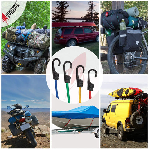 Collage showing Beefy Heavy Duty Bungee Cord Set with hooks securing various outdoor gear and vehicles in different lengths and uses