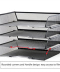Side view of Four Tier Mesh Stackable File Trays For Desk Organization Letter Size Office Paper Organizer in black metal