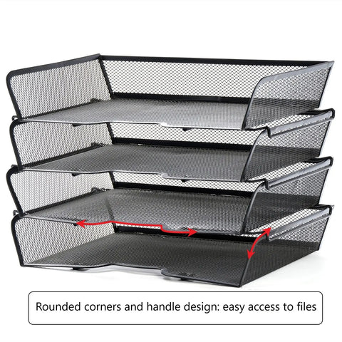Side view of Four Tier Mesh Stackable File Trays For Desk Organization Letter Size Office Paper Organizer in black metal