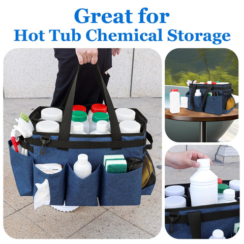 Heavy Duty Hot Tub Chemical Storage Bag With Pockets And Handle Pool Cleaning Caddy Tool Organizer Tote in use outdoors