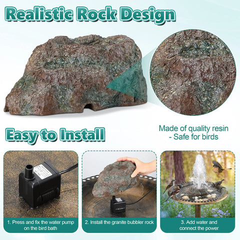 Red Moss Resin Granite Bird Bath Fountain With 7W Water Pump Rock Style Yard Decor To Attract Hummingbirds bird bath installation and components.