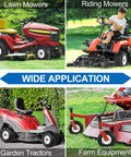 Collage of lawn mowers, riding mowers, garden tractors, and farm equipment with text 'Wide Application' in center.