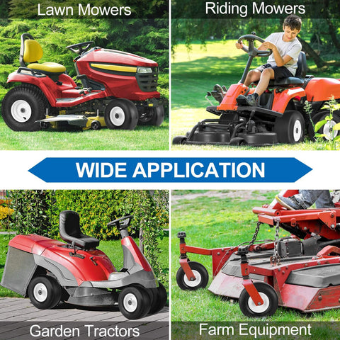 Collage of lawn mowers, riding mowers, garden tractors, and farm equipment with text 'Wide Application' in center.