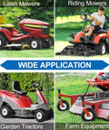 Collage of lawn mowers, riding mowers, garden tractors, and farm equipment showing wide application