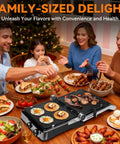 Bakers Friend 4 Slice Panini Press Grill Cheese Sandwich Maker Electric Indoor with Temp Control Opens 180 Degrees with food.