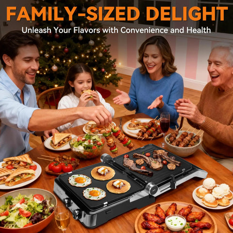 Bakers Friend 4 Slice Panini Press Grill Cheese Sandwich Maker Electric Indoor with Temp Control Opens 180 Degrees with food.