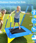 Child jumping on blue trampoline from 3 In 1 Outdoor Swing Set With Saucer Swing Belt Seat And 4 Ft Trampoline Heavy Duty A Frame Metal Stand With Safety Stakes 440 Lb Capacity Backyard Playground For Toddlers 3 To 8 Years Old