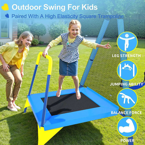 Child jumping on blue trampoline from 3 In 1 Outdoor Swing Set With Saucer Swing Belt Seat And 4 Ft Trampoline Heavy Duty A Frame Metal Stand With Safety Stakes 440 Lb Capacity Backyard Playground For Toddlers 3 To 8 Years Old