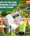 Collage showing Seed Vault Bundle With 44 Heirloom Seeds For Vegetables Fruits And Herbs Non GMO Garden Kit guide, garden bed, indoor, hydroponic
